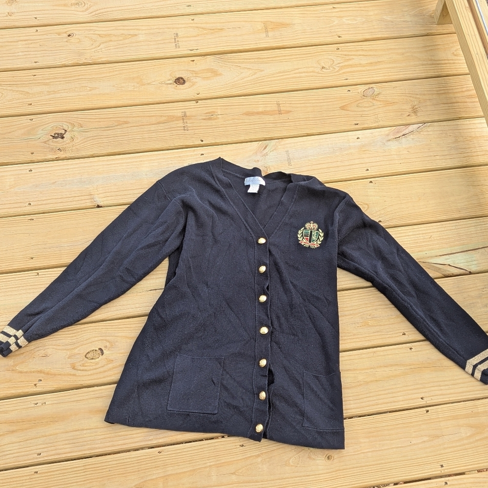 Vintage Sweater Womens M Casual Corner Cardigan Crest Old Money Tennis Preppy